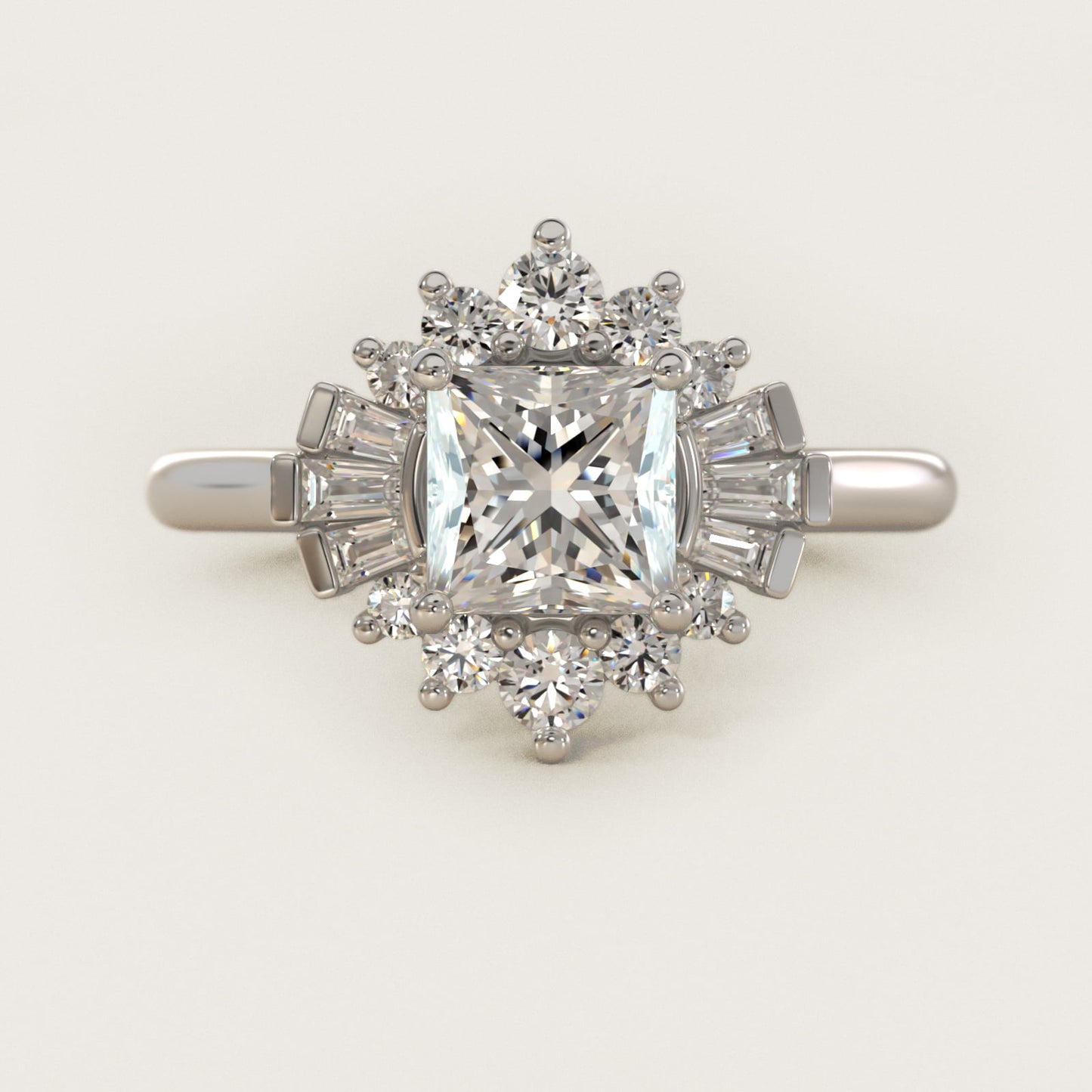 Baguette and Round Ballerina Halo Diamond Engagement Ring in 14k White Gold (1ct. tw.) - Princess Center