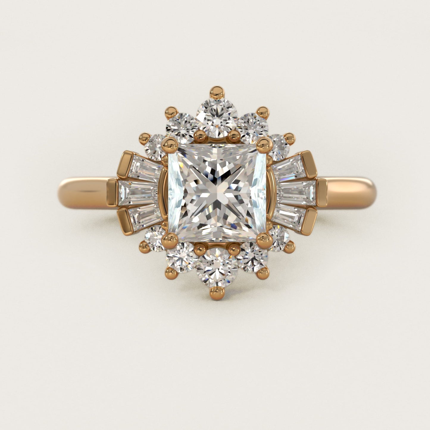 Baguette and Round Ballerina Halo Diamond Engagement Ring in 18k Yellow Gold - Princess Center