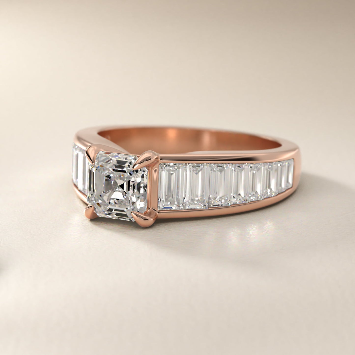 Baguette Channel Diamond Engagement Ring in 14k Rose Gold - Asscher Center