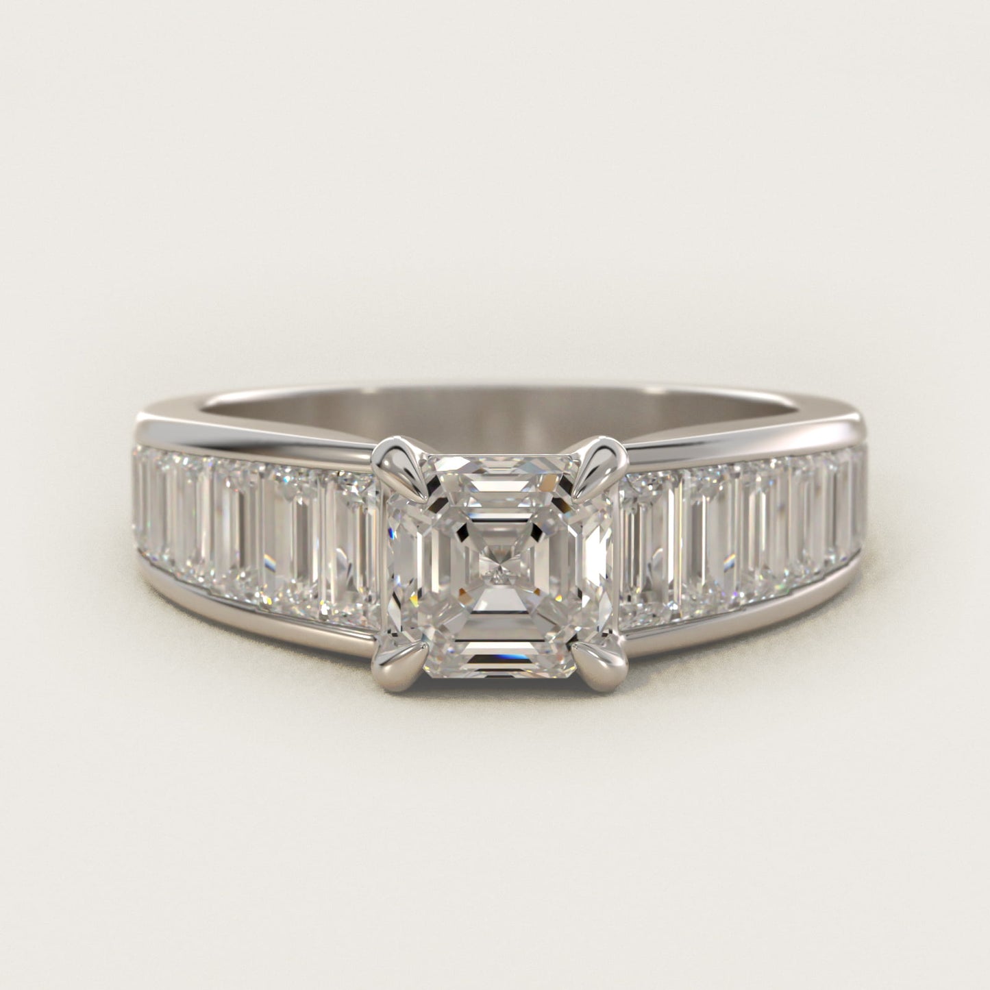 Baguette Channel Diamond Engagement Ring in 18k White Gold - Asscher Center