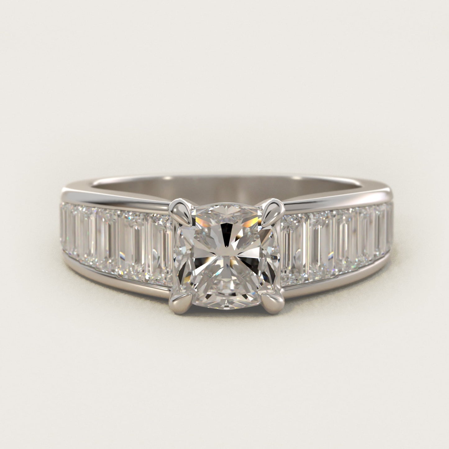 Baguette Channel Diamond Engagement Ring in 18k White Gold - Cushion Center