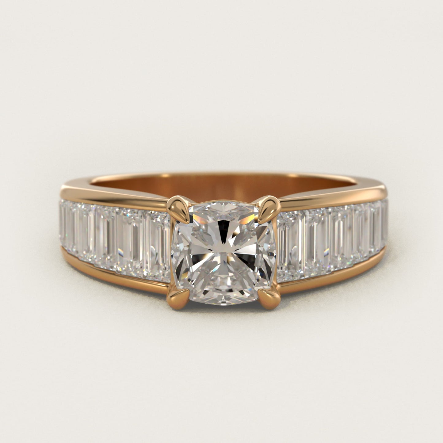 Baguette Channel Diamond Engagement Ring in 18k Yellow Gold - Cushion Center
