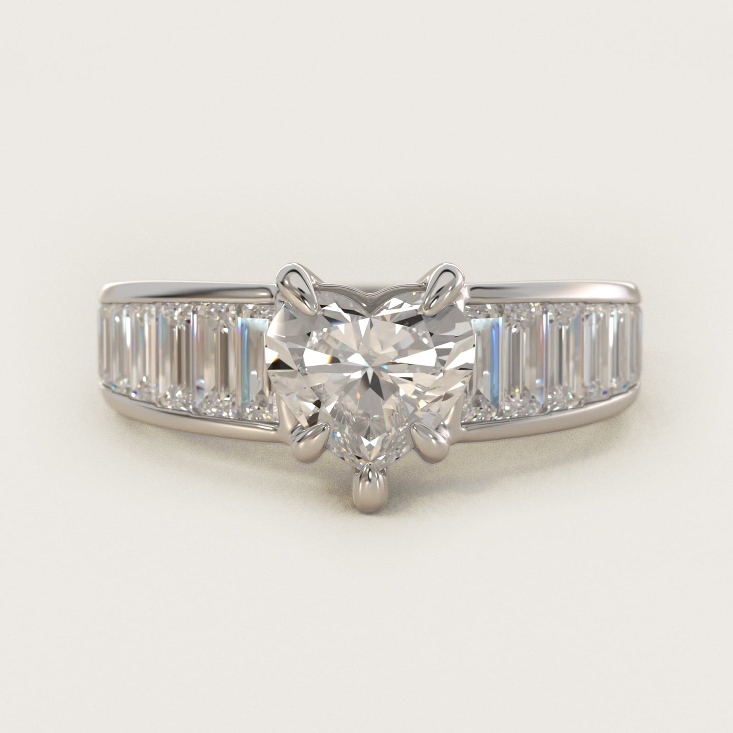 Baguette Channel Diamond Engagement Ring in 18k White Gold - Heart Center