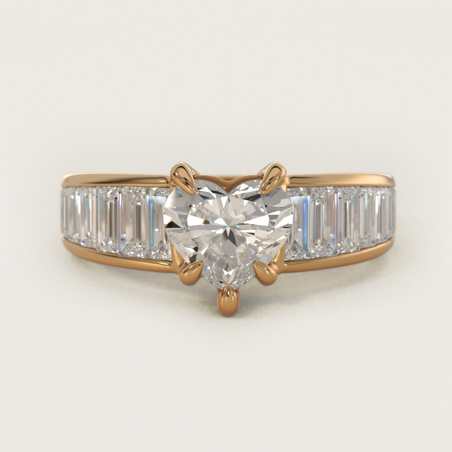Baguette Channel Diamond Engagement Ring in 18k Yellow Gold - Heart Center