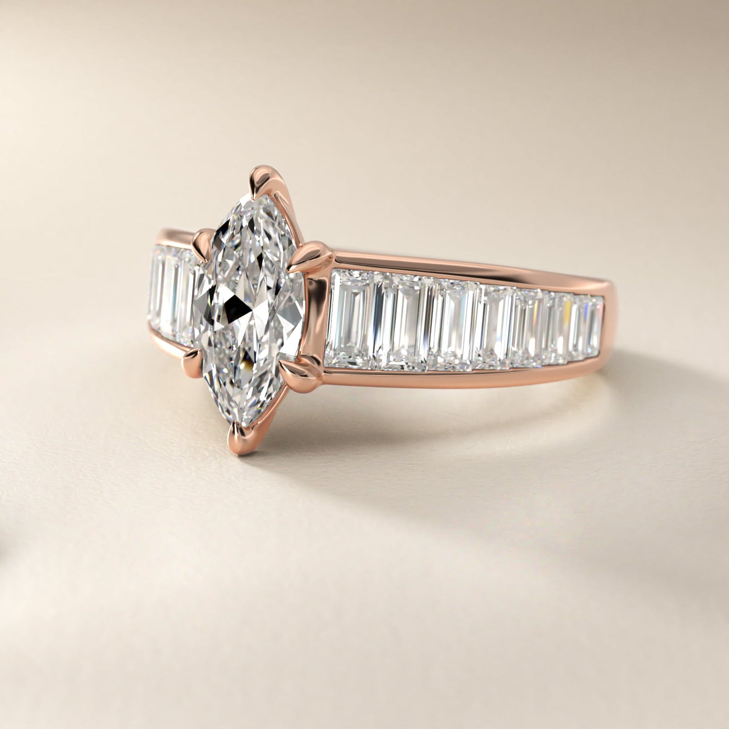 Baguette Channel Diamond Engagement Ring in 14k Rose Gold - Marquise Center