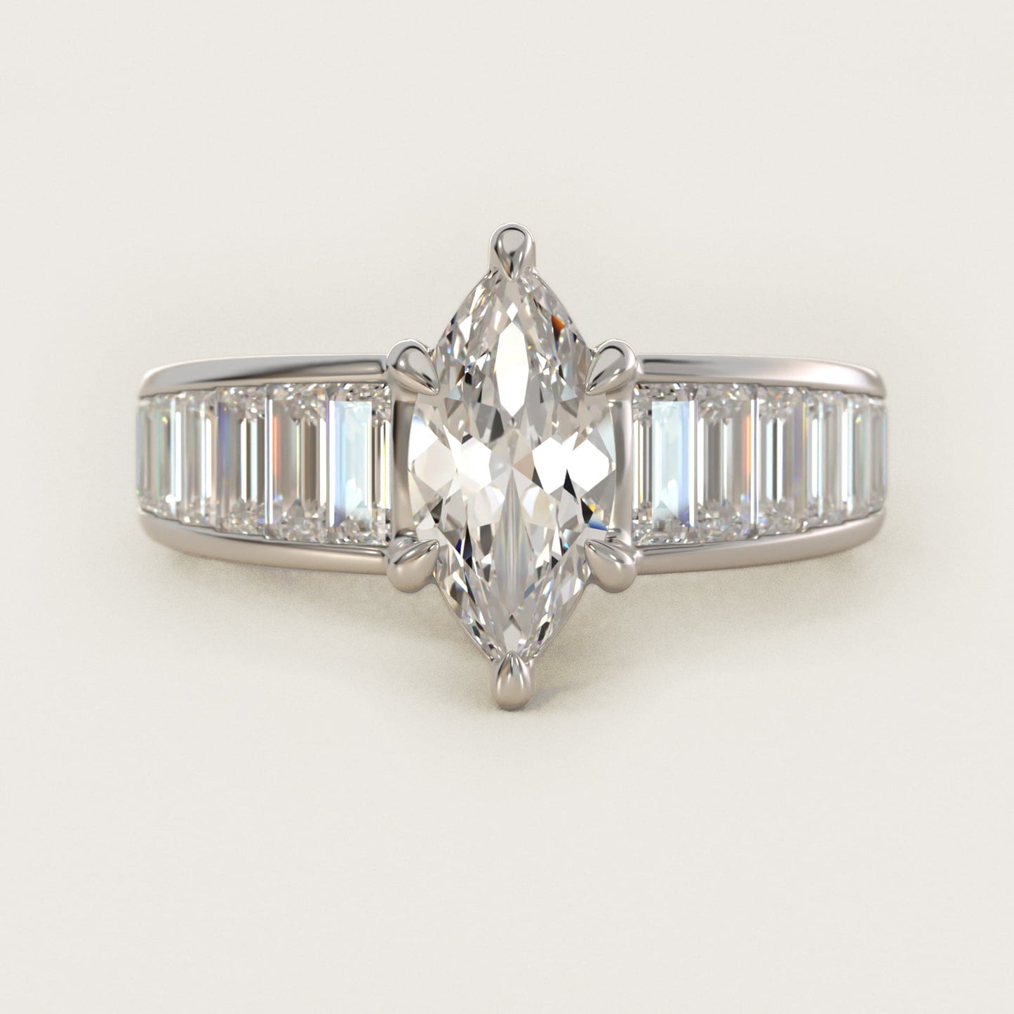 Baguette Channel Diamond Engagement Ring in 18k White Gold - Marquise Center