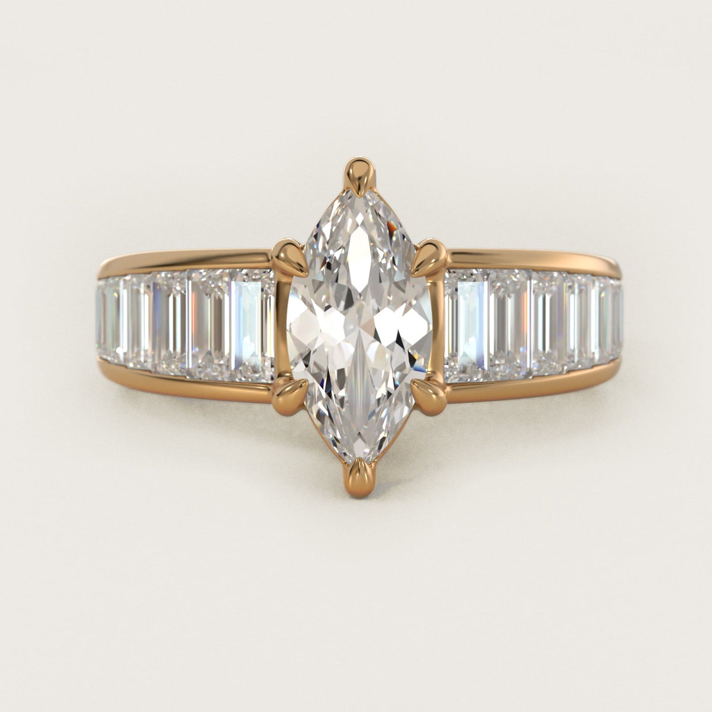 Baguette Channel Diamond Engagement Ring in 18k Yellow Gold - Marquise Center