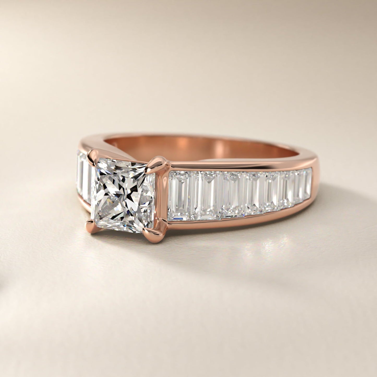 Baguette Channel Diamond Engagement Ring in 18k Rose Gold - Princess Center