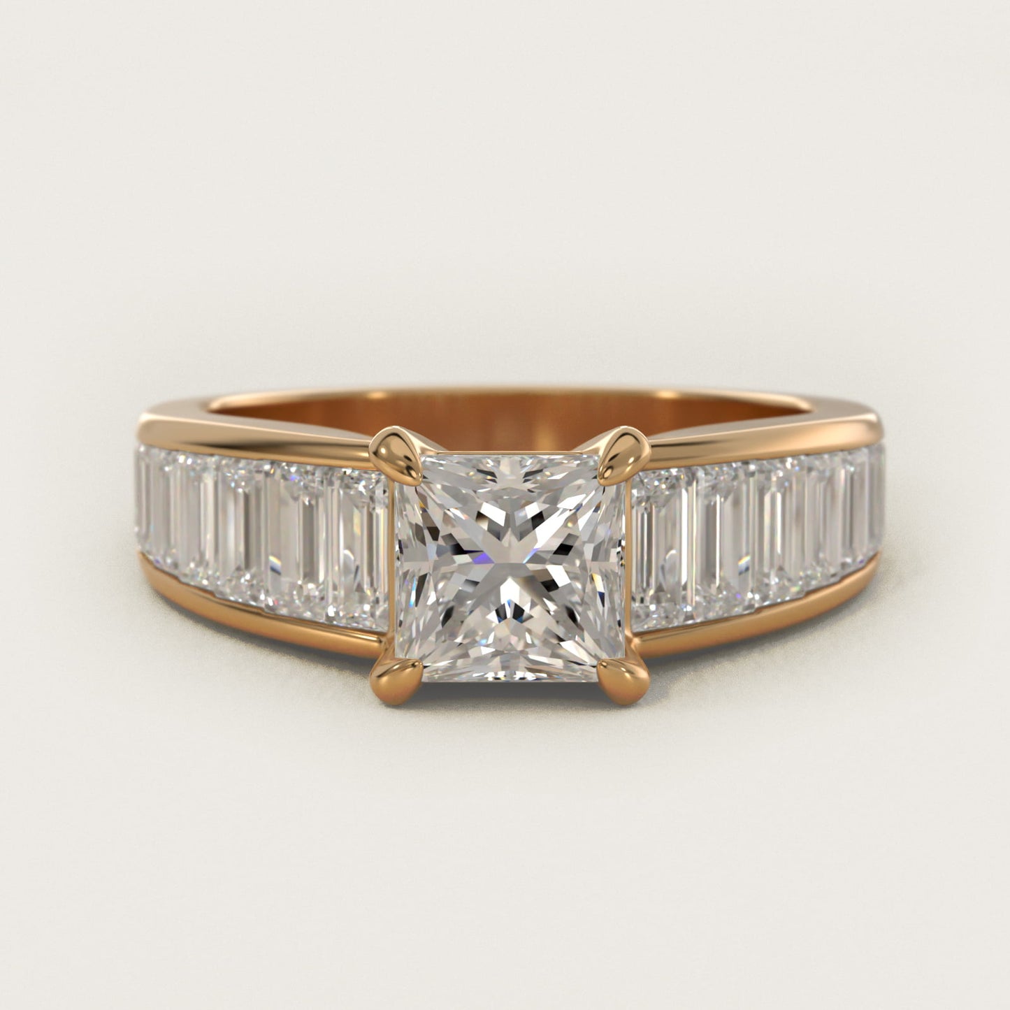 Baguette Channel Diamond Engagement Ring in 18k Yellow Gold - Princess Center