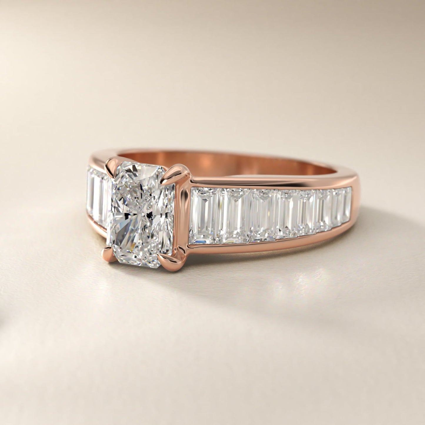 Baguette Channel Diamond Engagement Ring in 18k Rose Gold - Radiant Center
