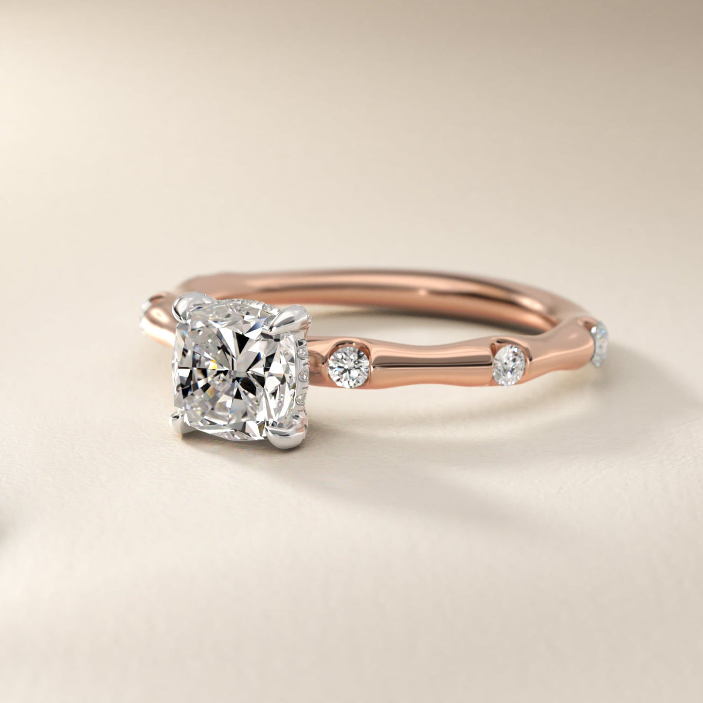 Bamboo Hidden Halo Side Stone Diamond Engagement Ring With Halo In 14K Rose Gold By James Allen - Cushion Center