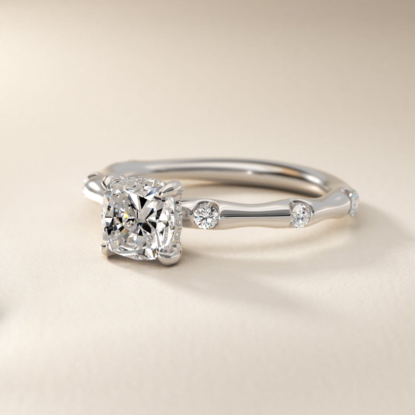Bamboo Hidden Halo Side Stone Diamond Engagement Ring With Halo In Platinum By James Allen - Cushion Center
