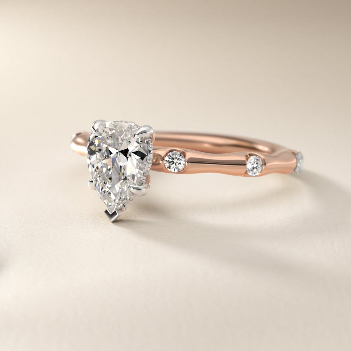 Bamboo Hidden Halo Side Stone Diamond Engagement Ring With Halo In 18k Rose Gold By James Allen - Pear Center