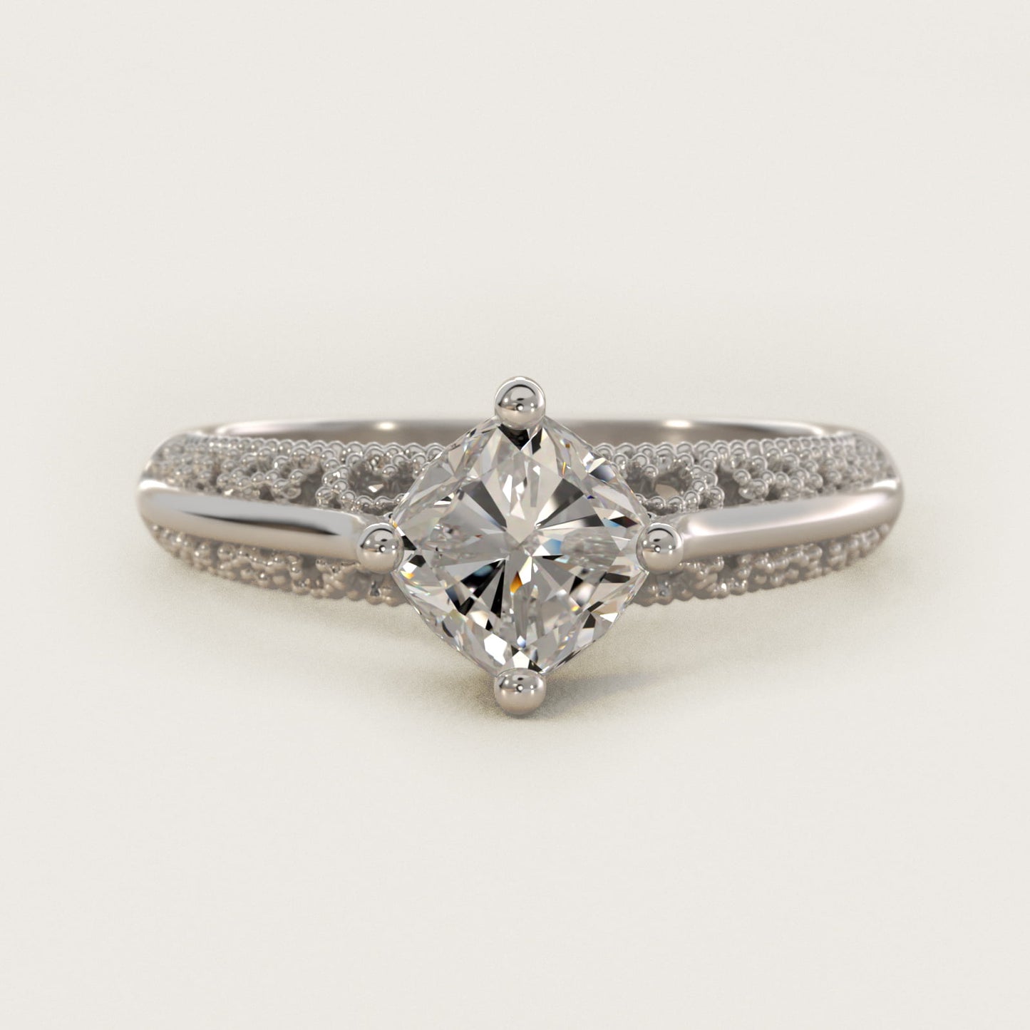 Beaded Filigree Cathedral Kite-Set Vintage-Style Engagement Ring In 14K White Gold By James Allen - Cushion Center