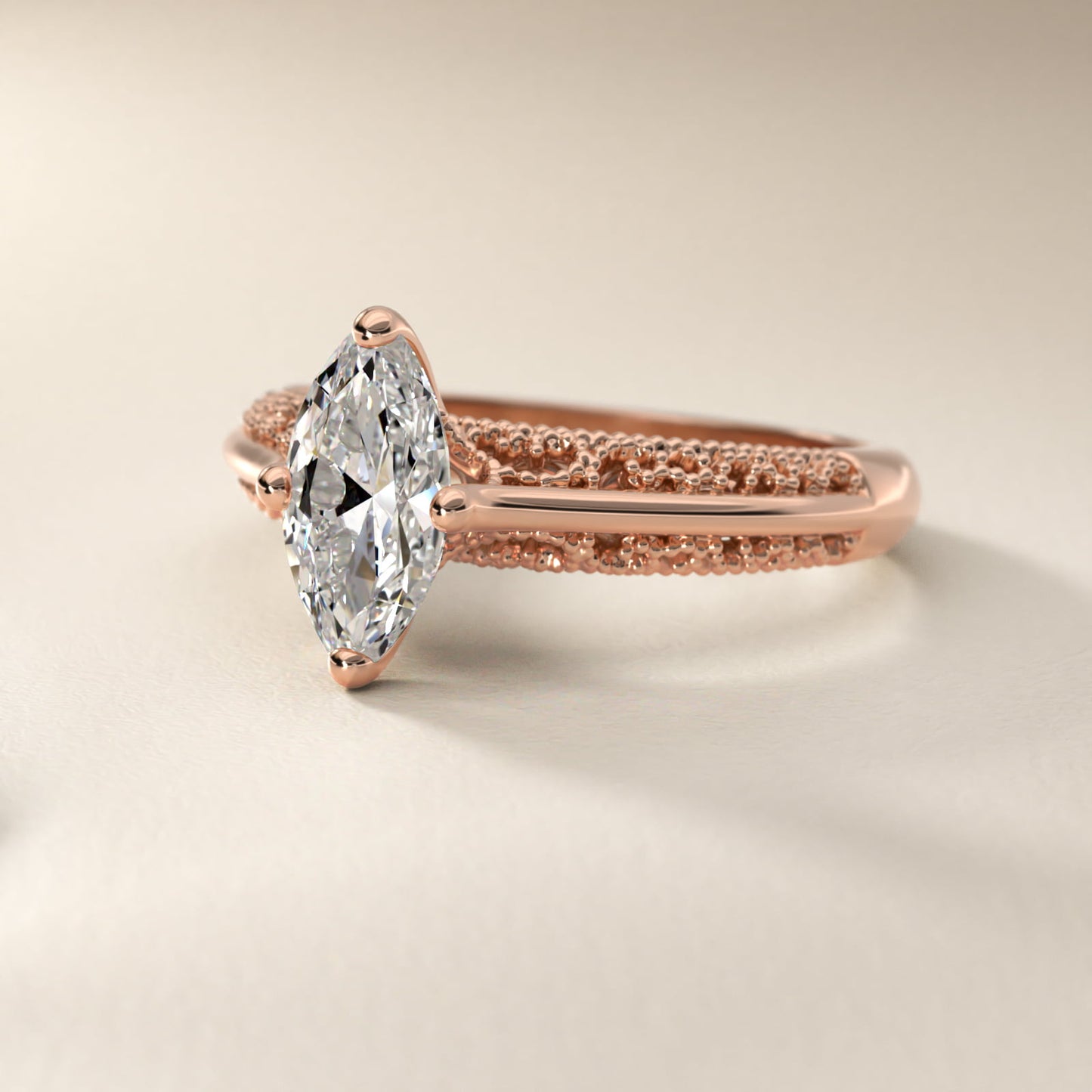 Beaded Filigree Cathedral Kite-Set Vintage-Style Engagement Ring In 18k Rose Gold By James Allen - Marquise Center