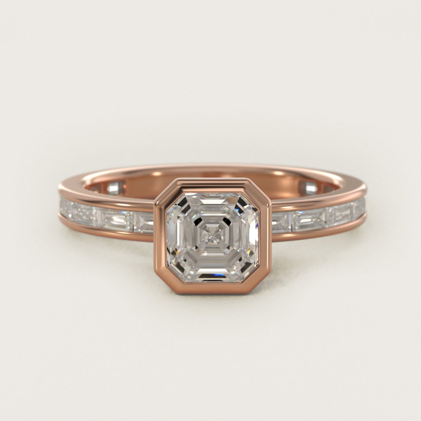 Bezel Engagement Ring with Channel Set Diamond Accent in 18k Rose Gold - Asscher Center
