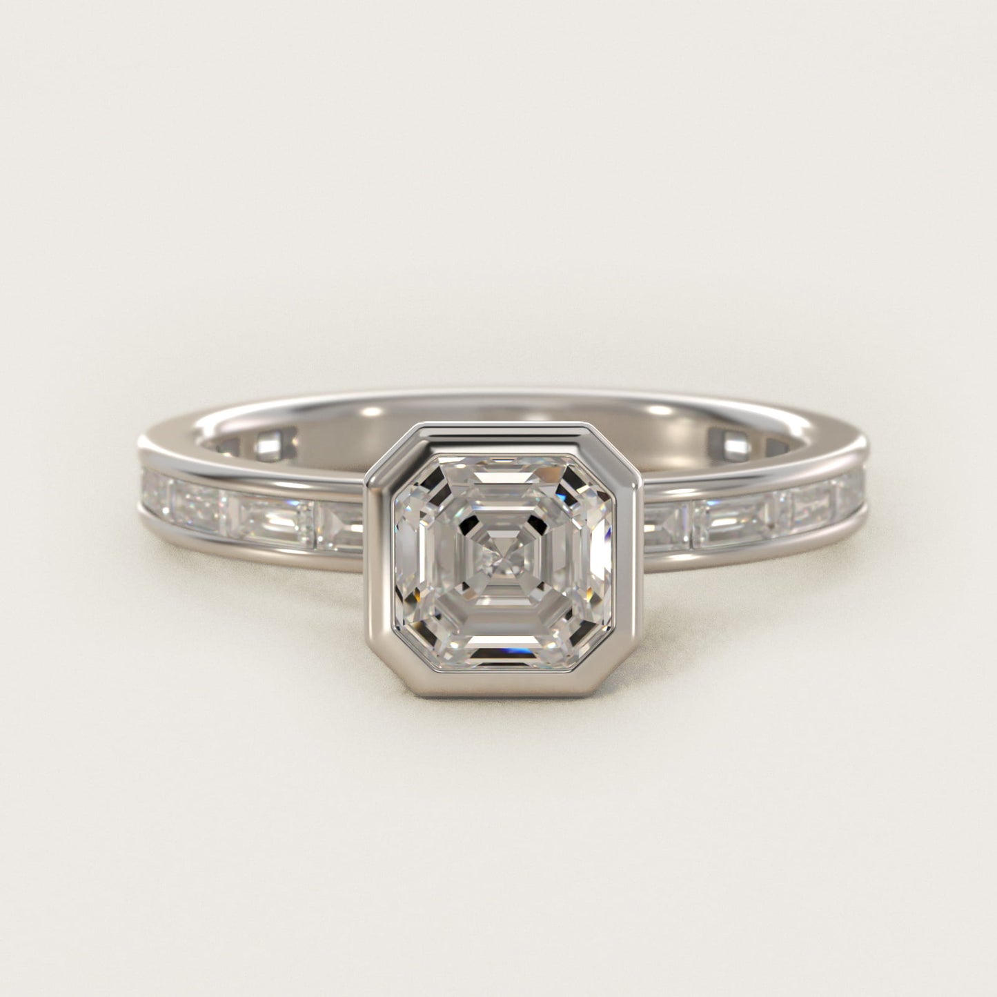 Bezel Engagement Ring with Channel Set Diamond Accent in 18k White Gold - Asscher Center
