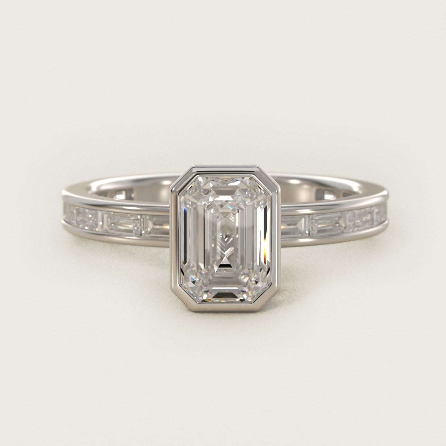 Bezel Engagement Ring with Channel Set Diamond Accent in 14K White Gold - Emerald Center