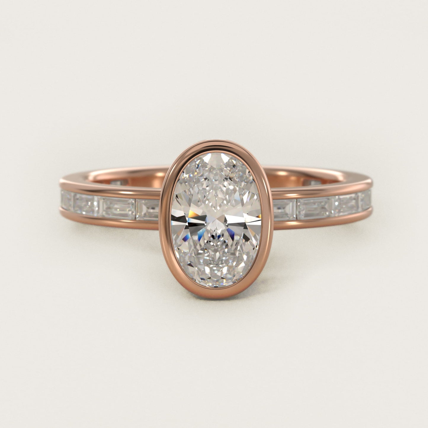 Bezel Engagement Ring with Channel Set Diamond Accent in 14K Rose Gold - Oval Center