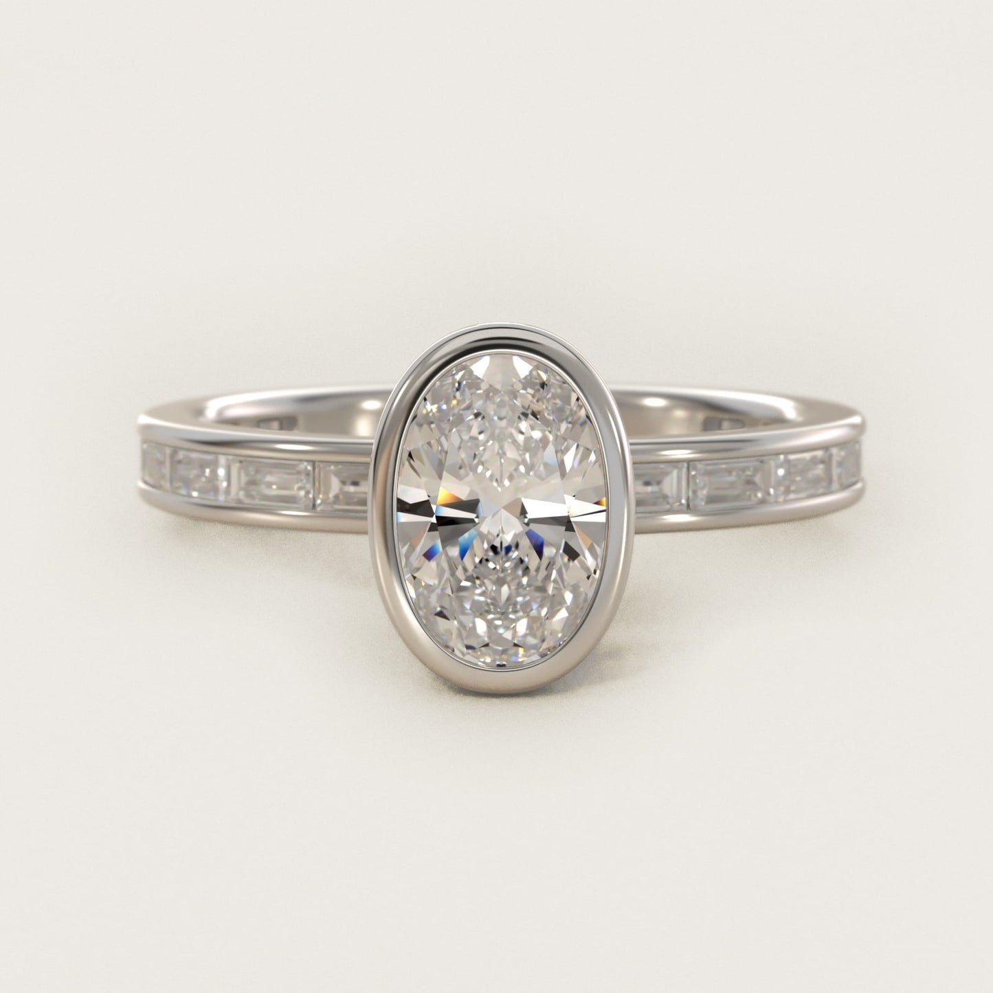 Bezel Engagement Ring with Channel Set Diamond Accent in 18k White Gold - Oval Center