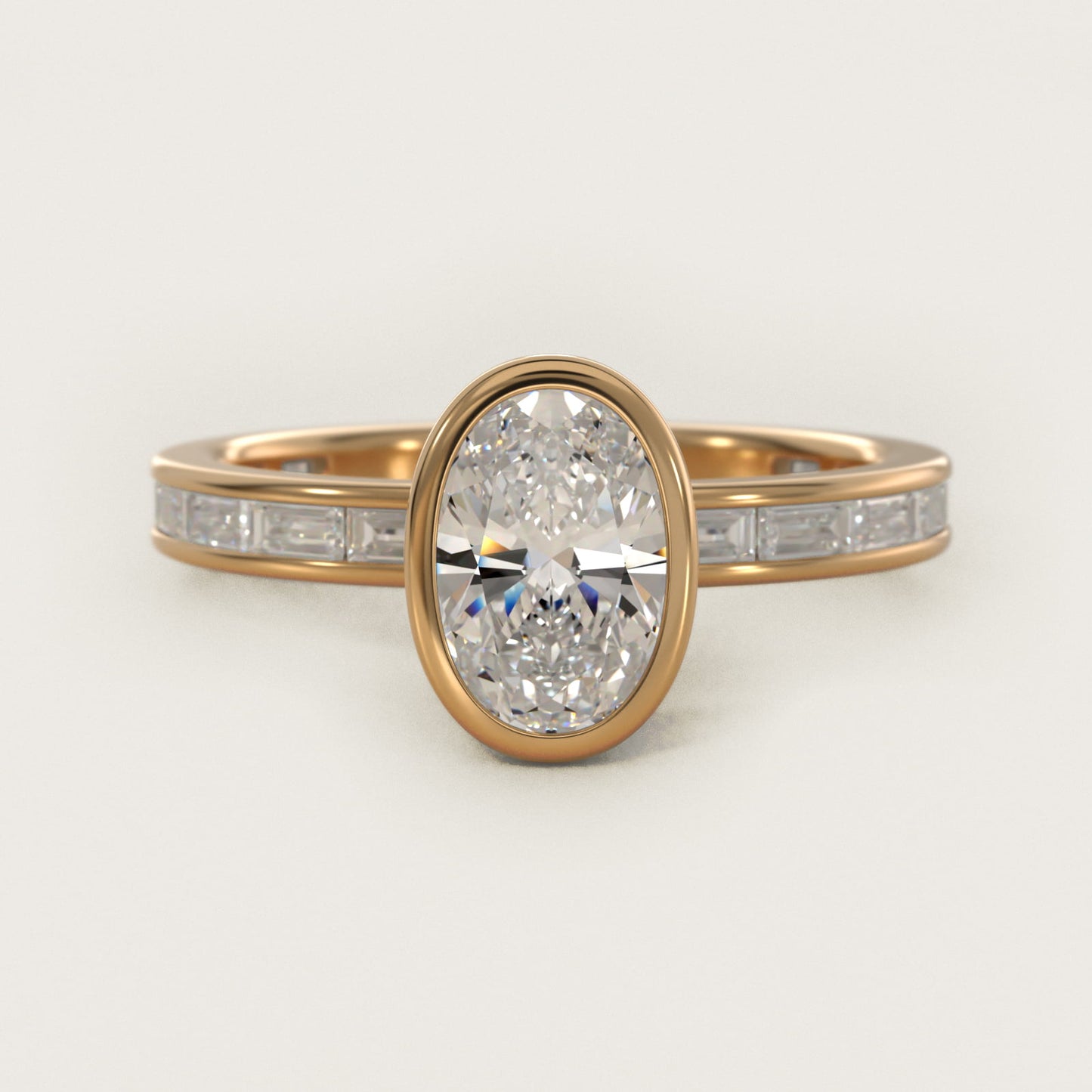 Bezel Engagement Ring with Channel Set Diamond Accent in 18k Yellow Gold - Oval Center