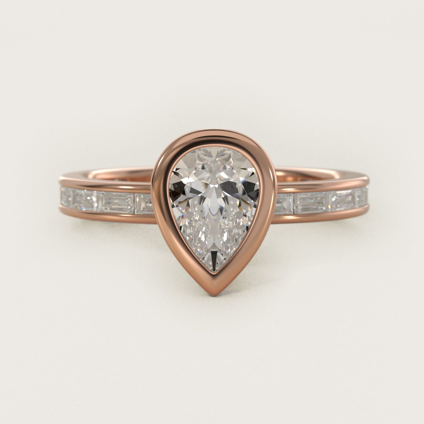 Bezel Engagement Ring with Channel Set Diamond Accent in 18k Rose Gold - Pear Center
