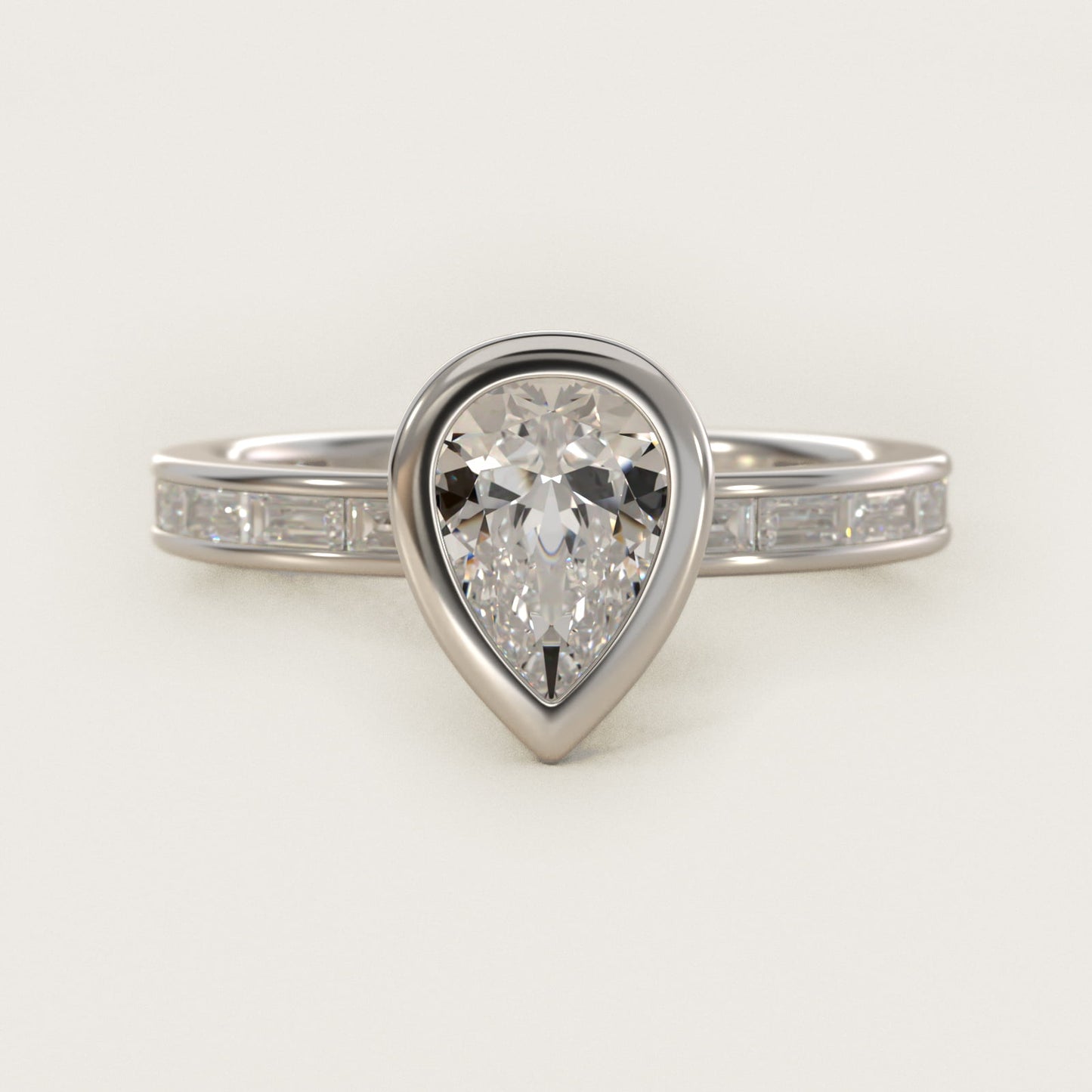 Bezel Engagement Ring with Channel Set Diamond Accent in Platinum - Pear Center