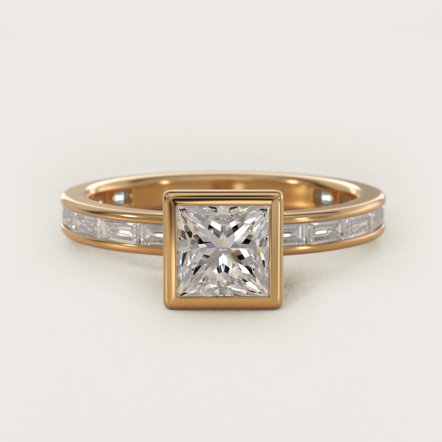 Bezel Engagement Ring with Channel Set Diamond Accent in 14K Yellow Gold - Princess Center