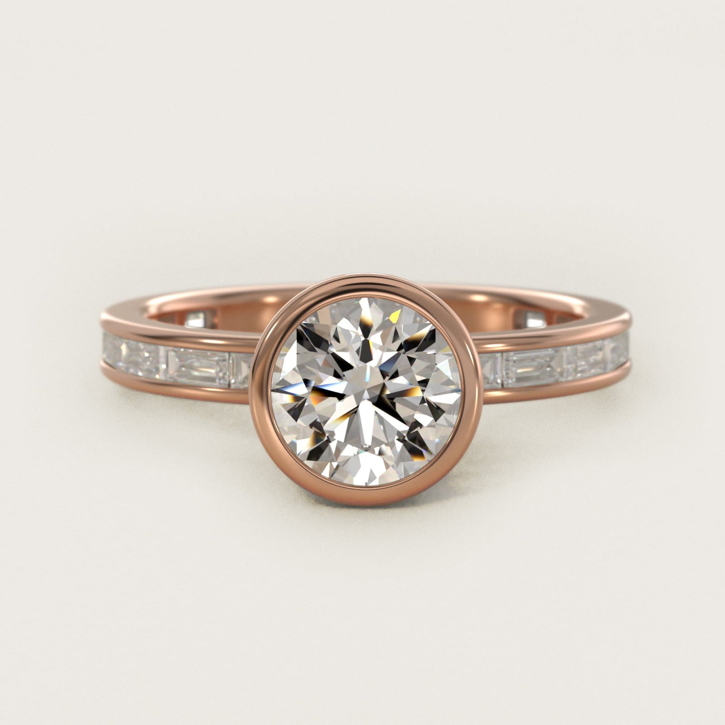 Bezel Engagement Ring with Channel Set Diamond Accent in 18k Rose Gold - Round Center