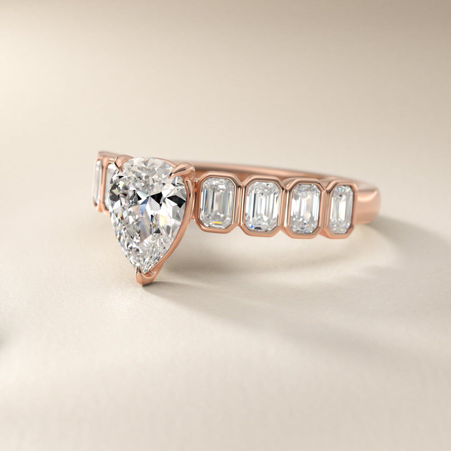 Bezel Set Emerald Cut Side Stone Diamond Engagement Ring In 14K Rose Gold By James Allen - Pear Center