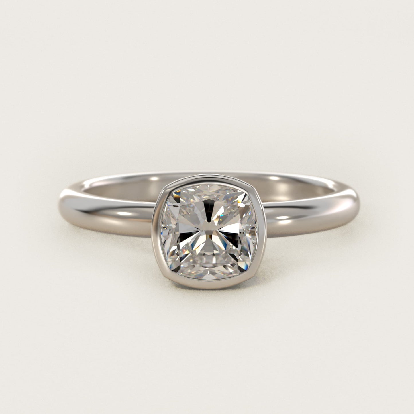 Bezel Solitaire Engagement Ring in 14K White Gold - Cushion Center