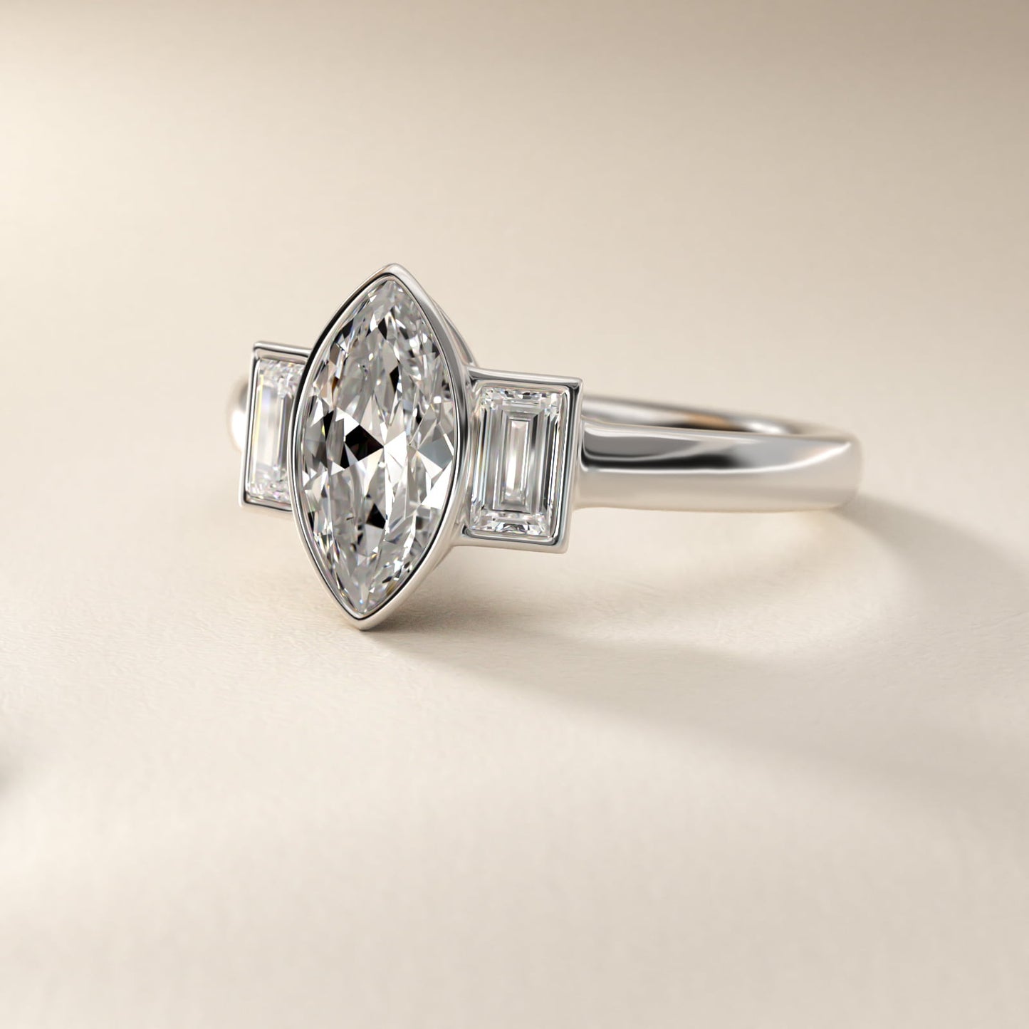Bezel Straight Baguette Cut Diamond Three Stone Engagement Ring In 18k White Gold By James Allen - Marquise Center