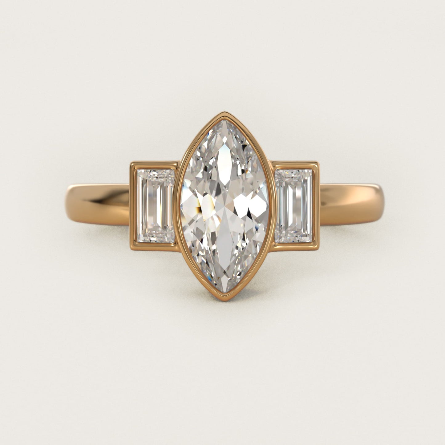 Bezel Straight Baguette Cut Diamond Three Stone Engagement Ring In 18k Yellow Gold By James Allen - Marquise Center