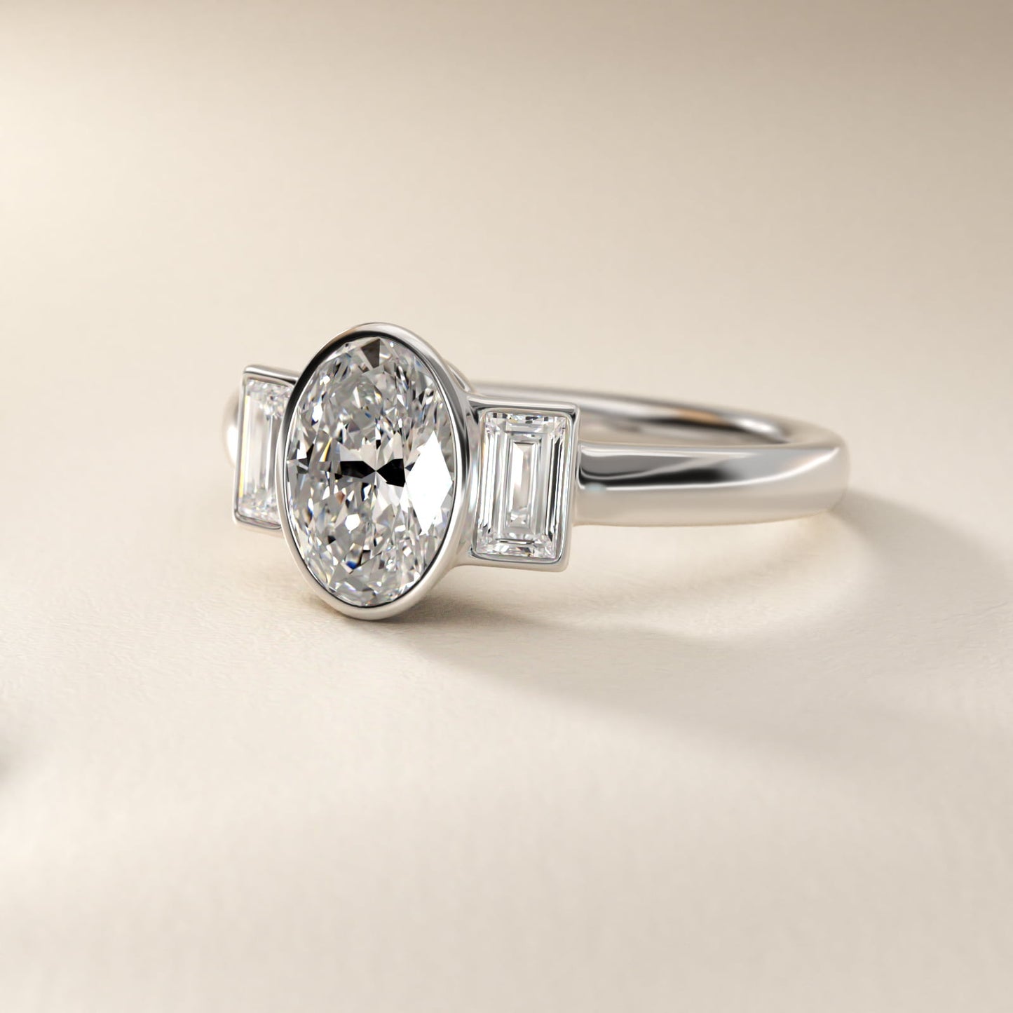 Bezel Straight Baguette Cut Diamond Three Stone Engagement Ring In 18k White Gold By James Allen - Oval Center