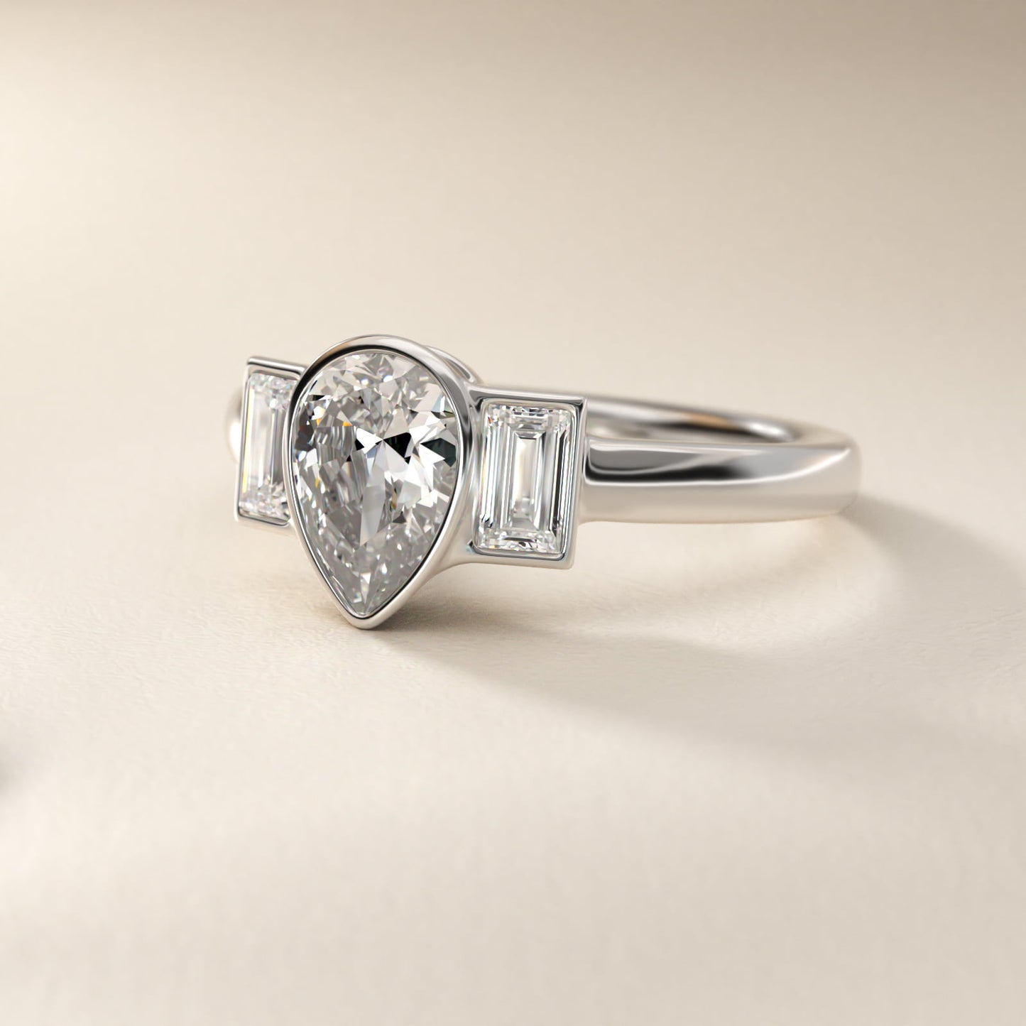 Bezel Straight Baguette Cut Diamond Three Stone Engagement Ring In 18k White Gold By James Allen - Pear Center