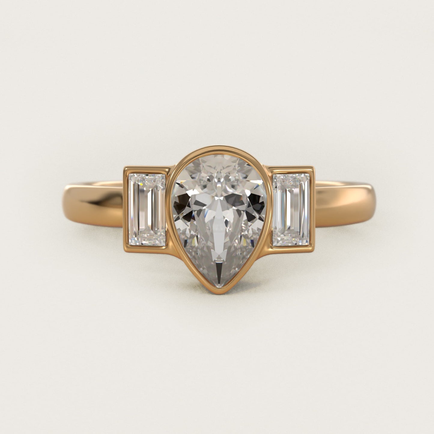 Bezel Straight Baguette Cut Diamond Three Stone Engagement Ring In 18k Yellow Gold By James Allen - Pear Center