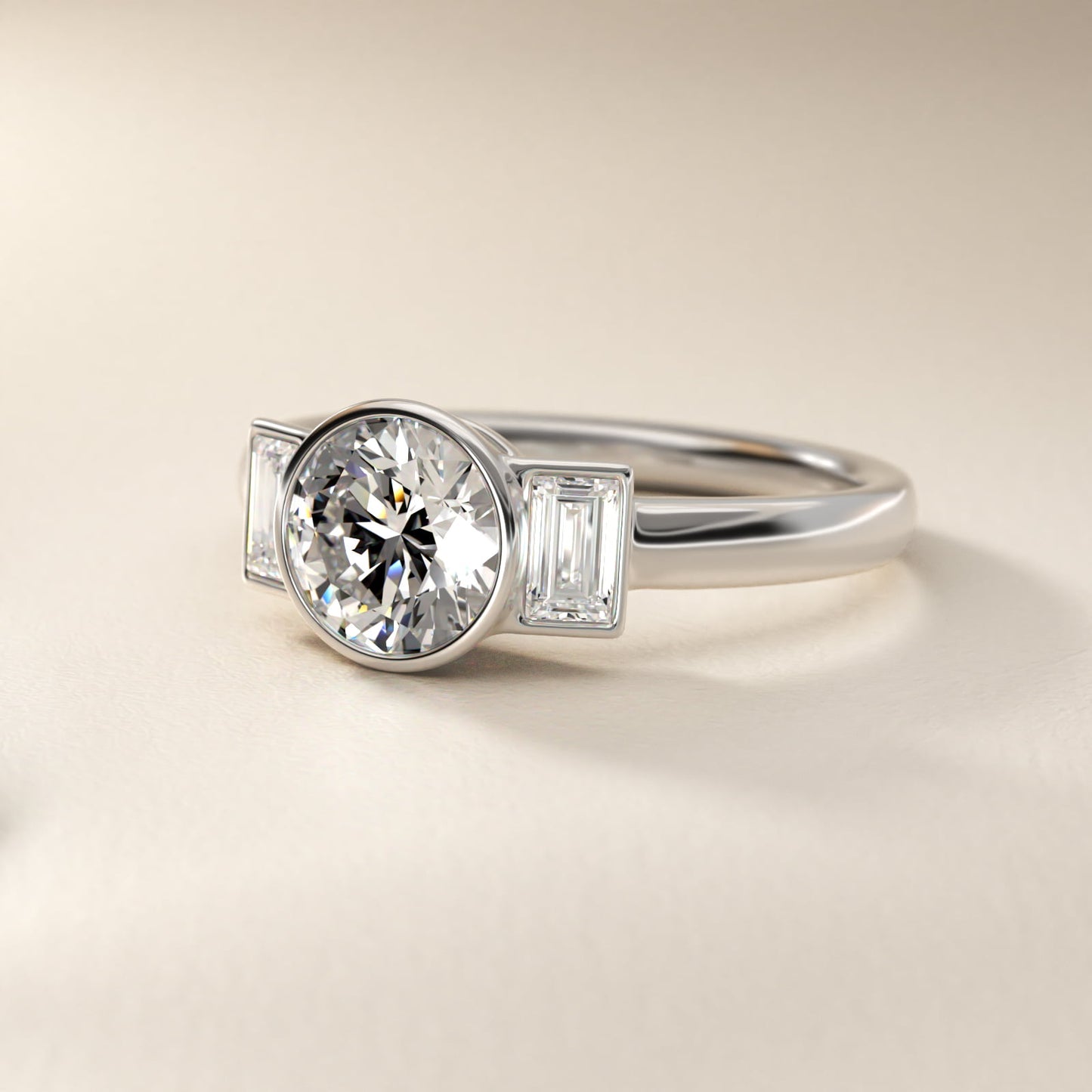 Bezel Straight Baguette Cut Diamond Three Stone Engagement Ring In 18k White Gold By James Allen - Round Center