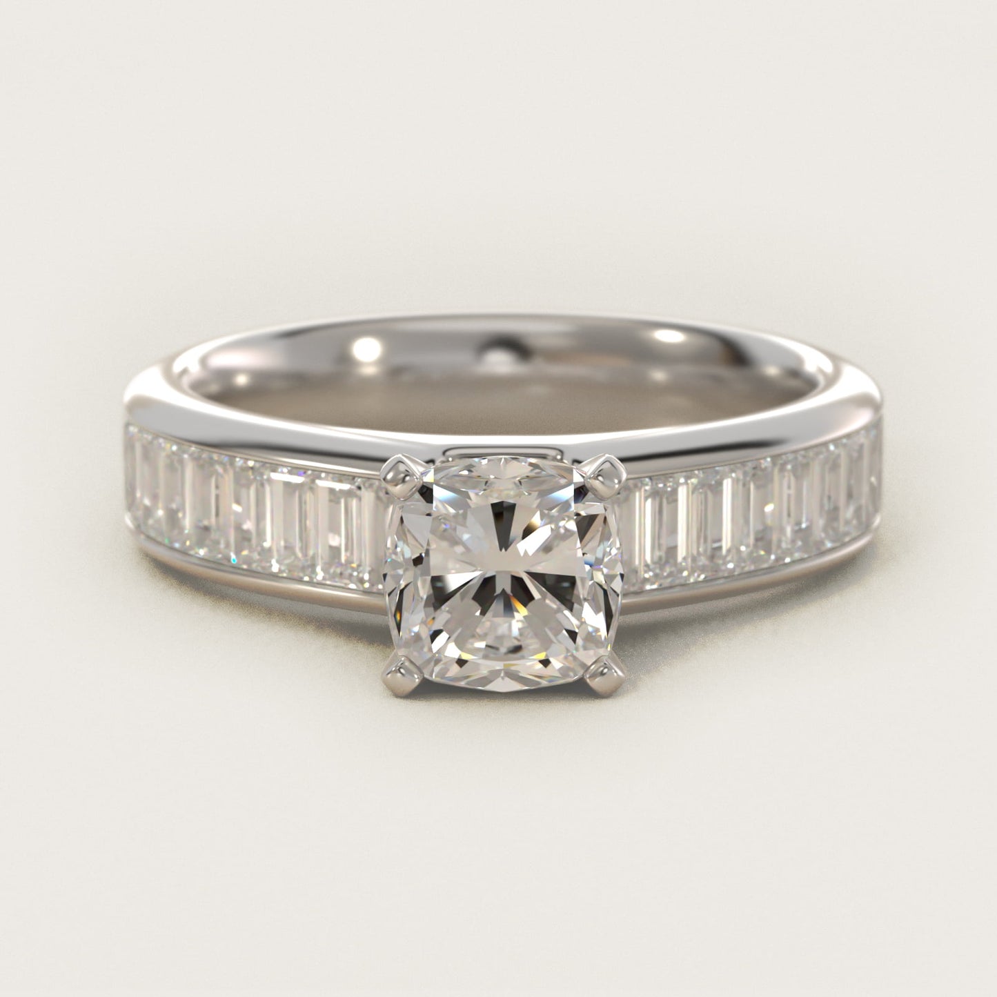 Channel Set Baguette Diamond Engagement Ring in 18k White Gold (1 ct. tw.) - Cushion Center
