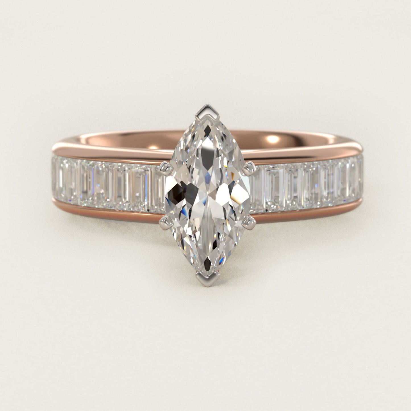 Channel Set Baguette Diamond Engagement Ring in 14k Rose Gold (1 ct. tw.) - Marquise Center