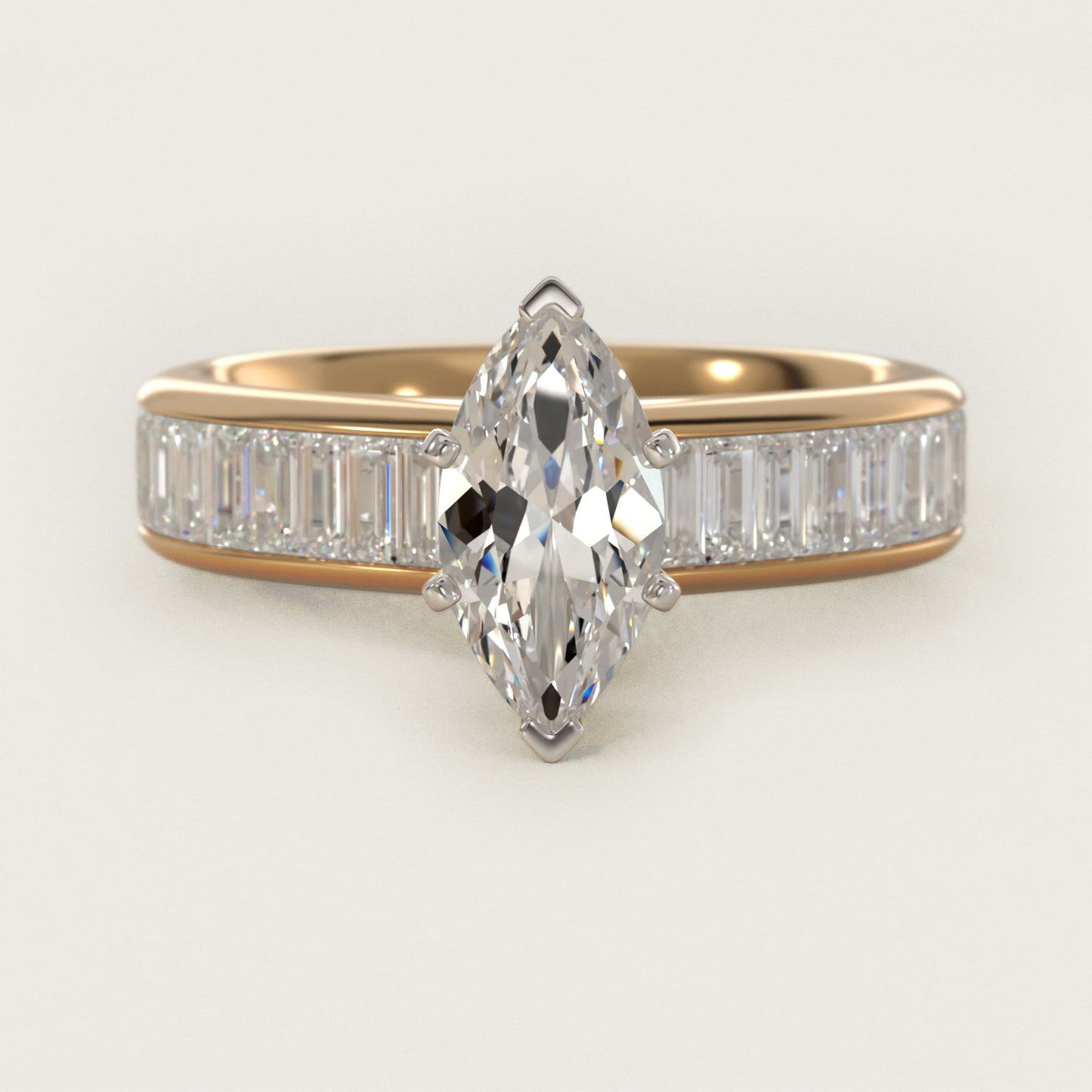 Channel Set Baguette Diamond Engagement Ring in 14k Yellow Gold (1 ct. tw.) - Marquise Center