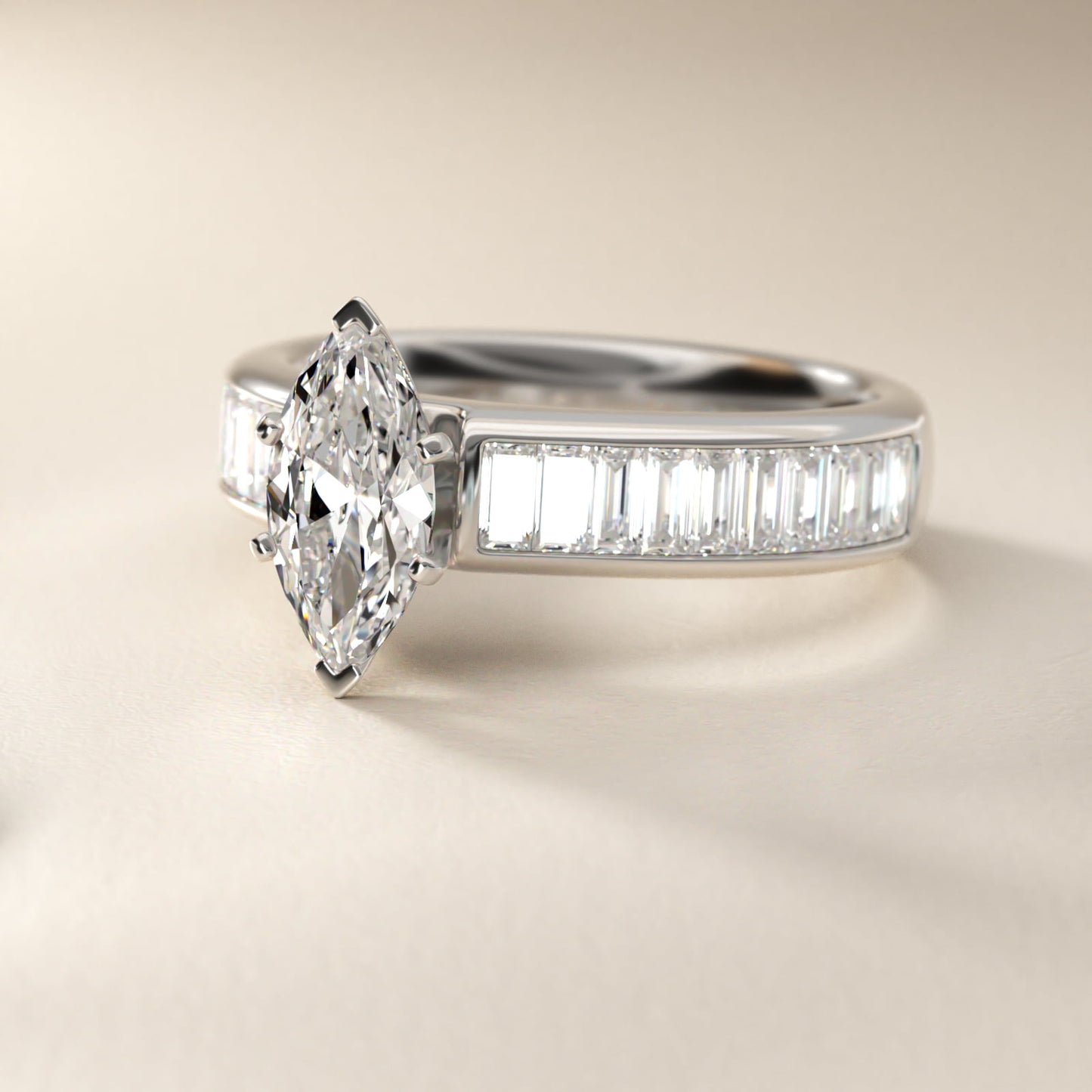 Channel Set Baguette Diamond Engagement Ring in Platinum (1 ct. tw.) - Marquise Center