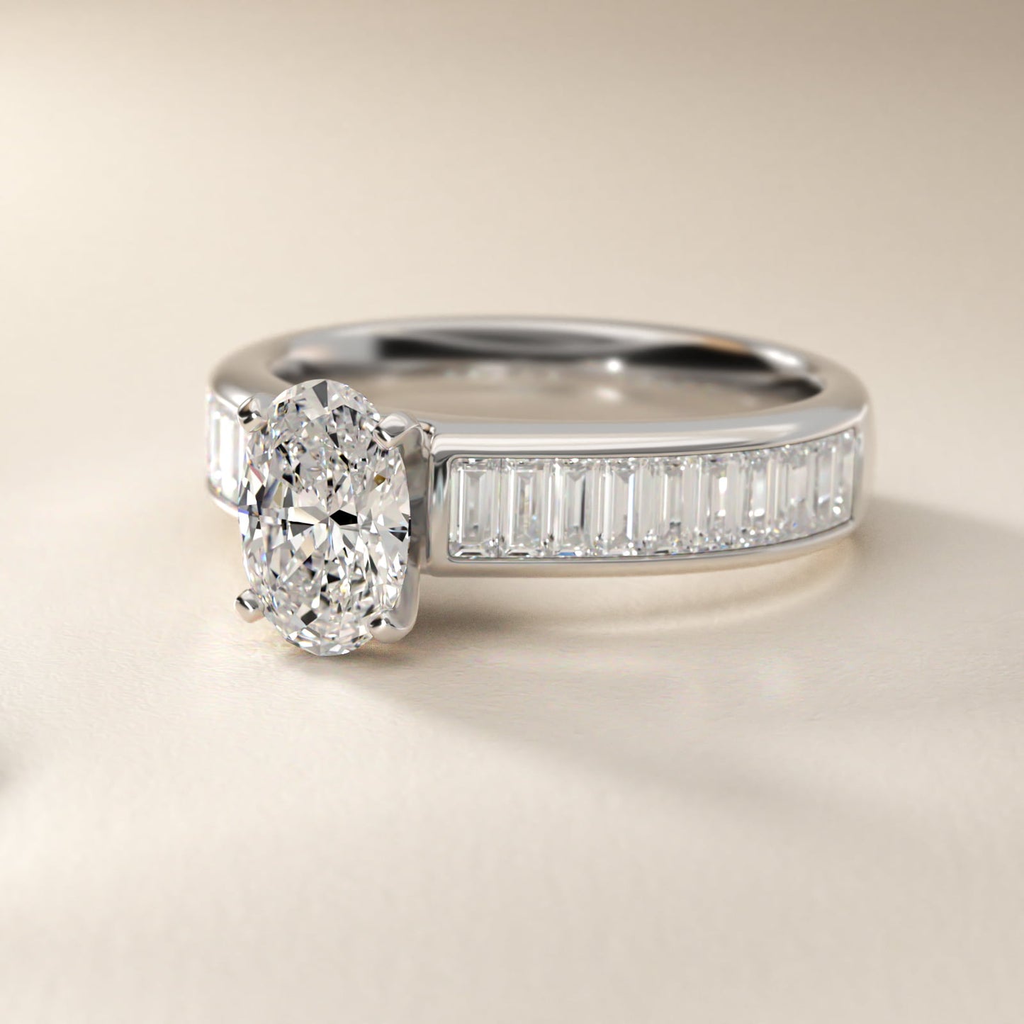 Channel Set Baguette Diamond Engagement Ring in Platinum (1 ct. tw.) - Oval Center