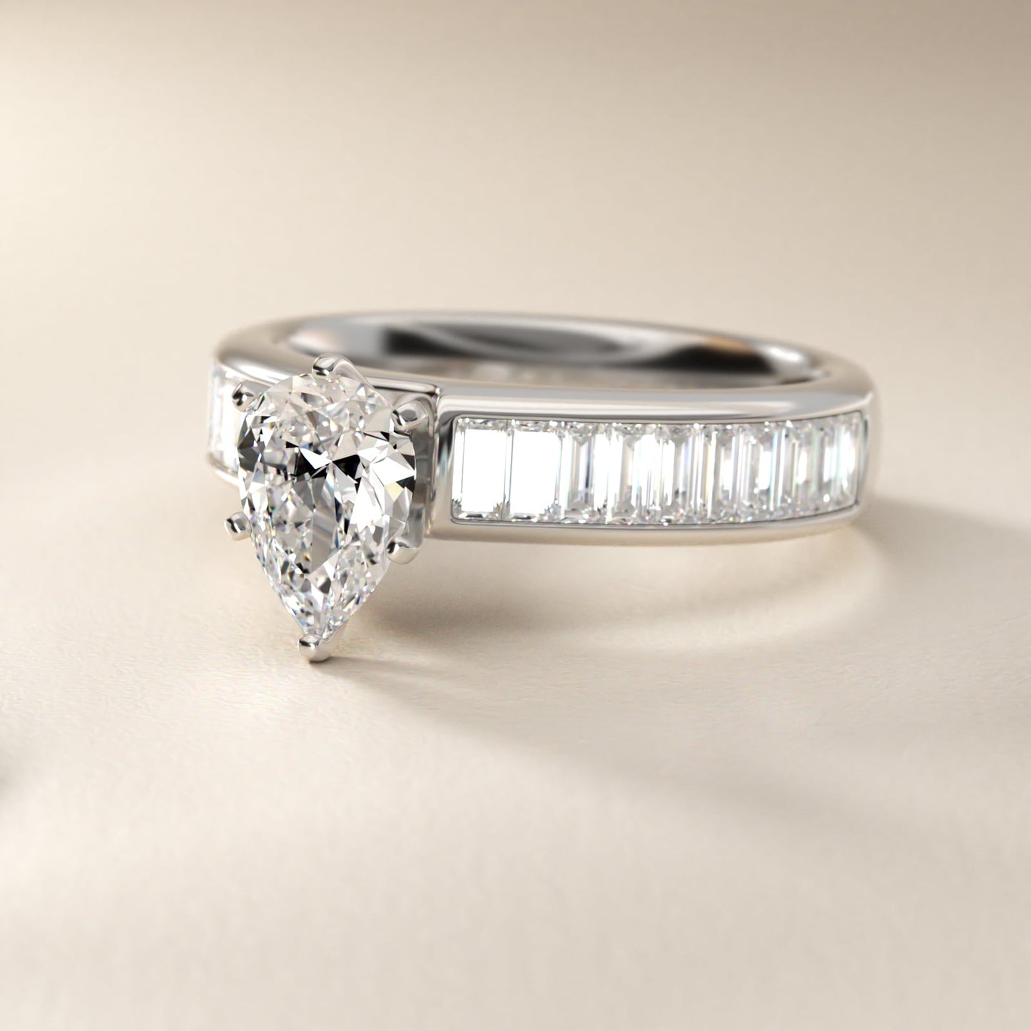 Channel Set Baguette Diamond Engagement Ring in Platinum (1 ct. tw.) - Pear Center
