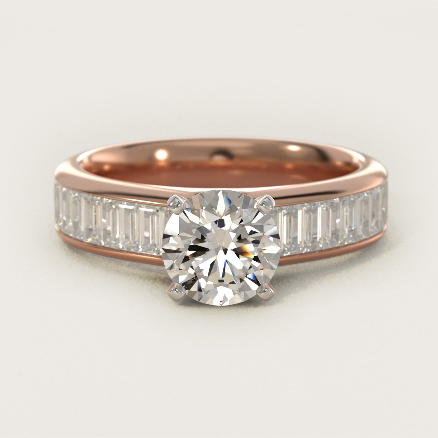 Channel Set Baguette Diamond Engagement Ring in 14k Rose Gold (1 ct. tw.) - Round Center
