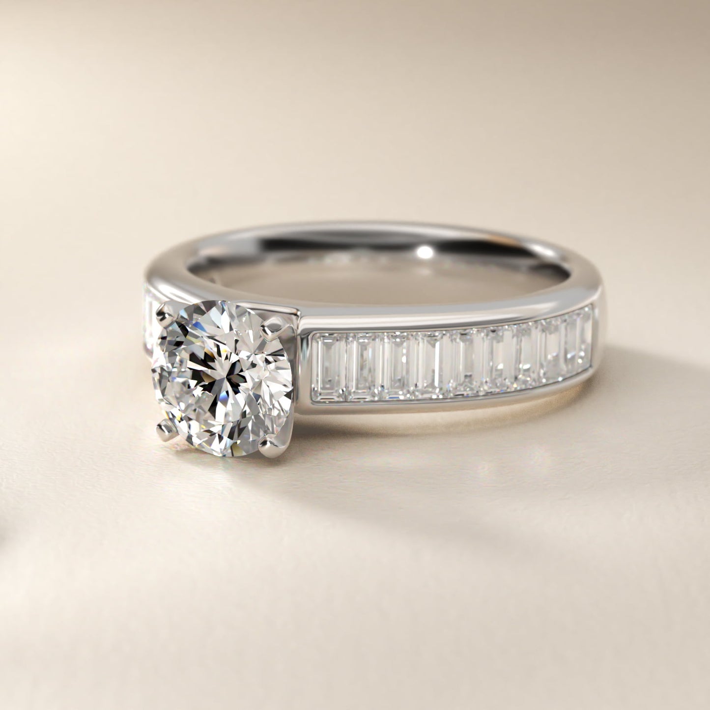 Channel Set Baguette Diamond Engagement Ring in Platinum (1 ct. tw.) - Round Center