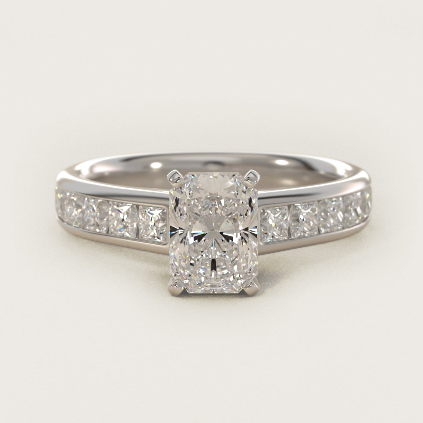 Channel Set Princess Diamond Engagement Ring in 18k White Gold (1 ct. tw.) - Radiant Center