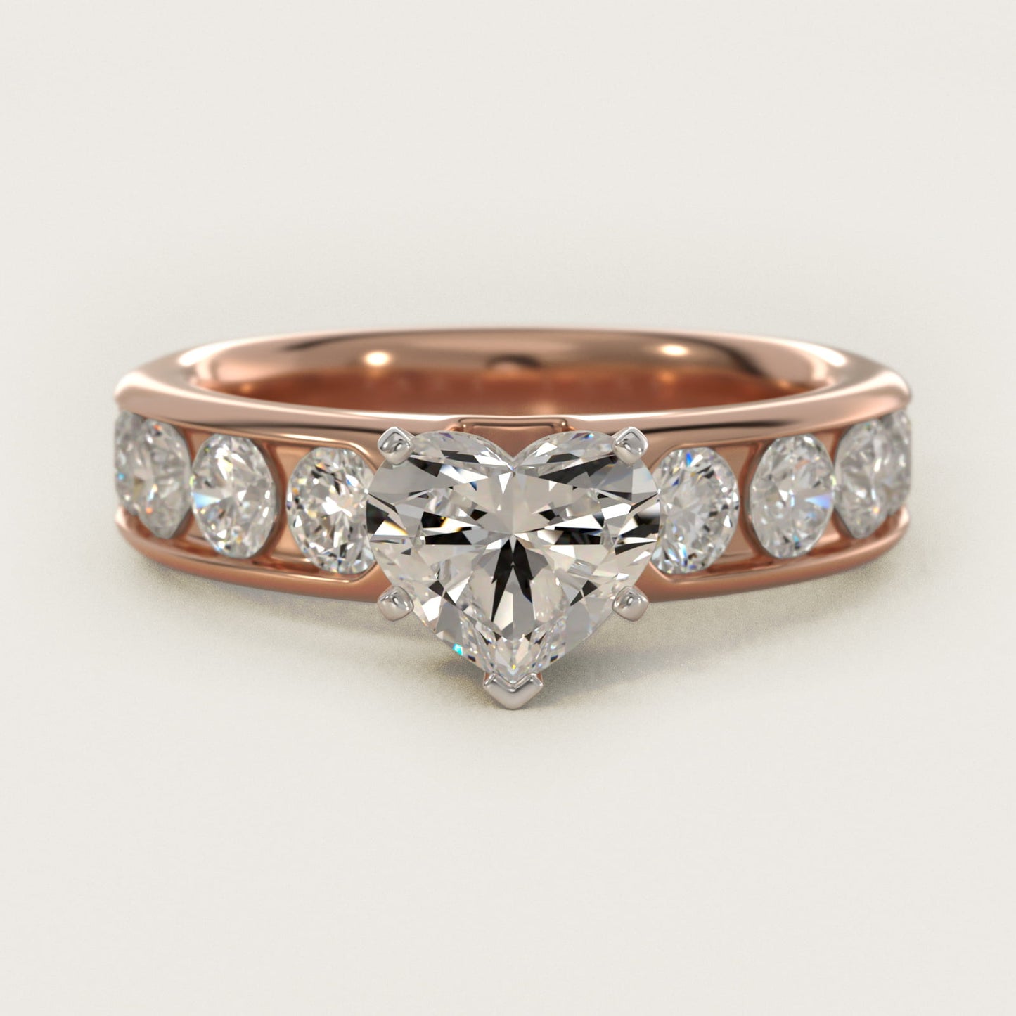 Channel Set Round Diamond Engagement Ring in 18k Rose Gold (1 1/2 ct. tw.) - Heart Center