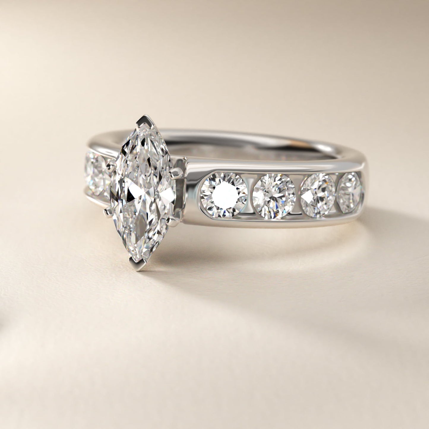 Channel Set Round Diamond Engagement Ring in Platinum (1 1/2 ct. tw.) - Marquise Center