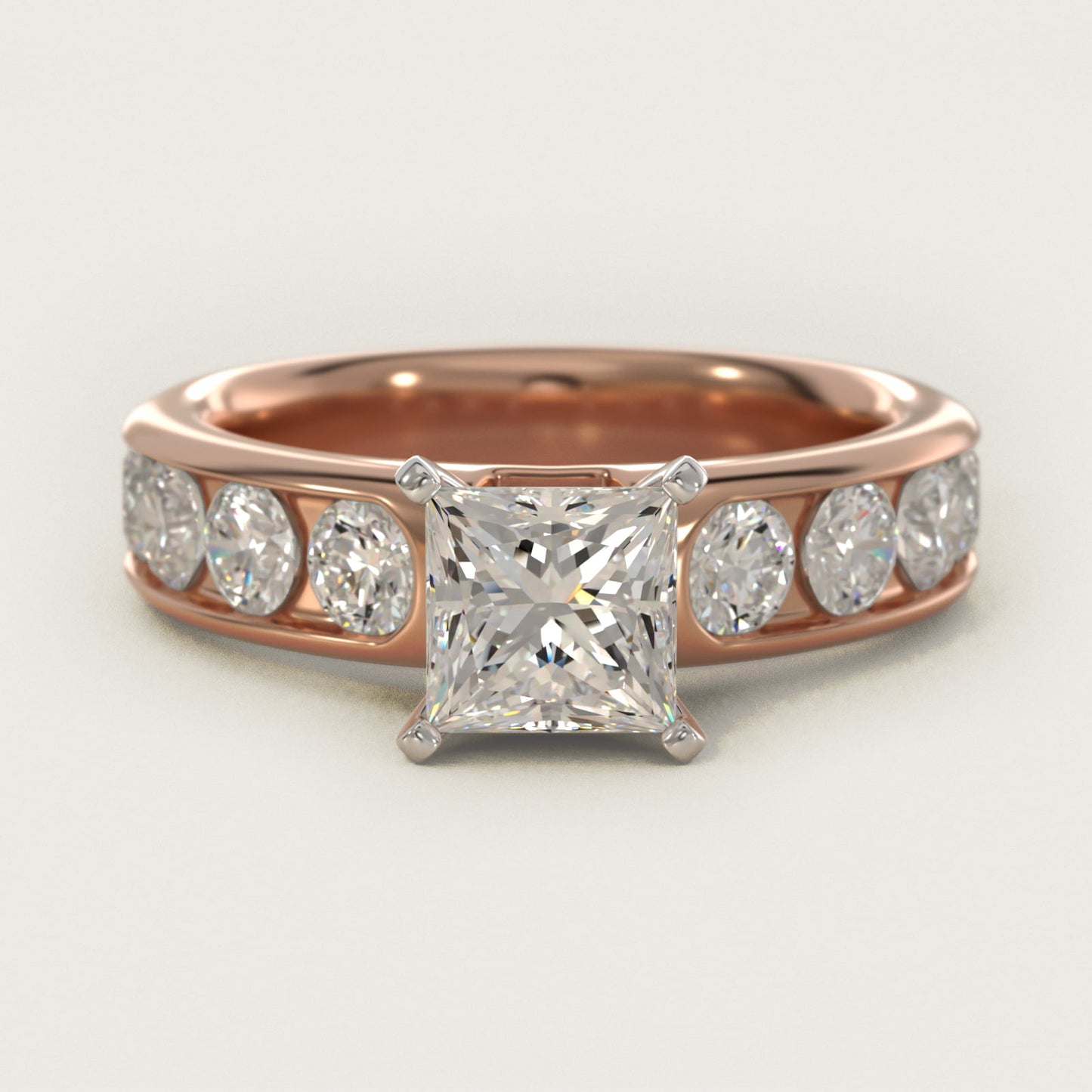 Channel Set Round Diamond Engagement Ring in 18k Rose Gold (1 1/2 ct. tw.) - Princess Center