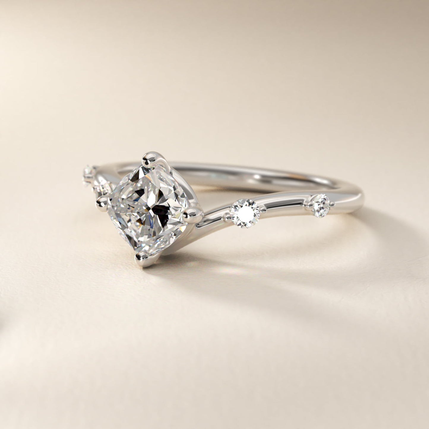 Chevron Diamond Station Side Stone Engagement Ring In Platinum By James Allen - Cushion Center